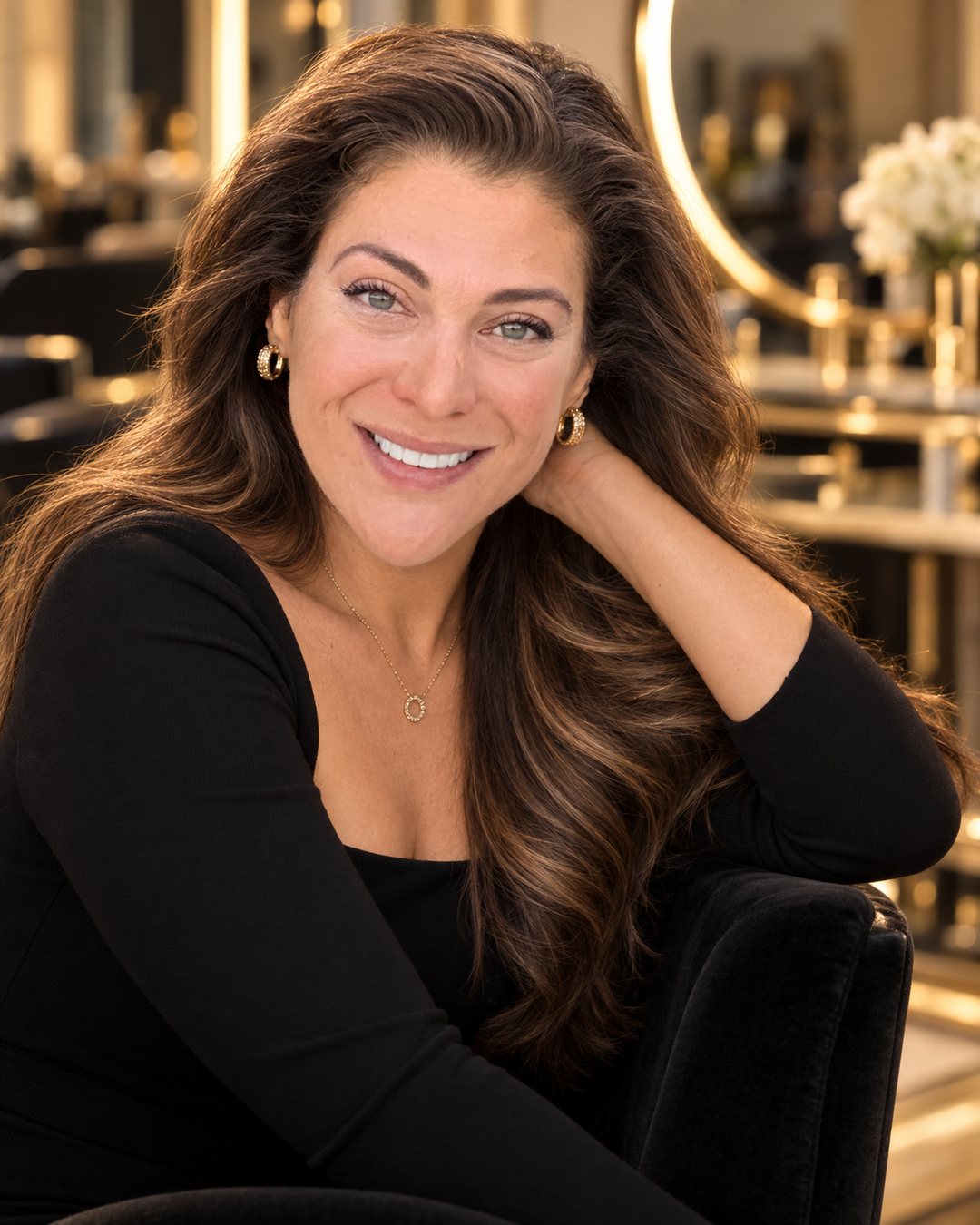 Esther Klein seated on a black velvet salon chair, smiling
