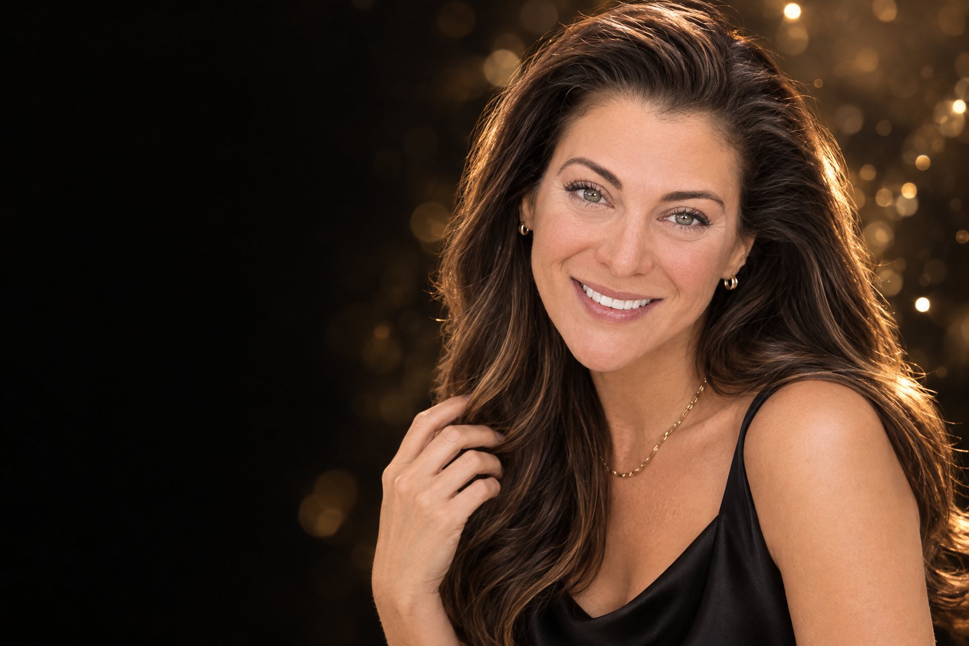 Esther Klein, Palm Beach hair colorist and stylist, smiling in a black silk top and gold jewelry