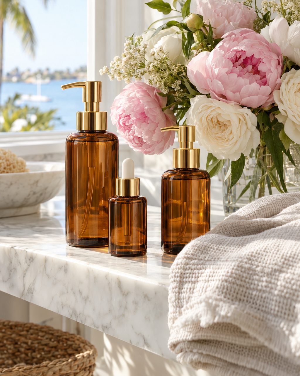 Still-life mood image of amber glass hair care bottles