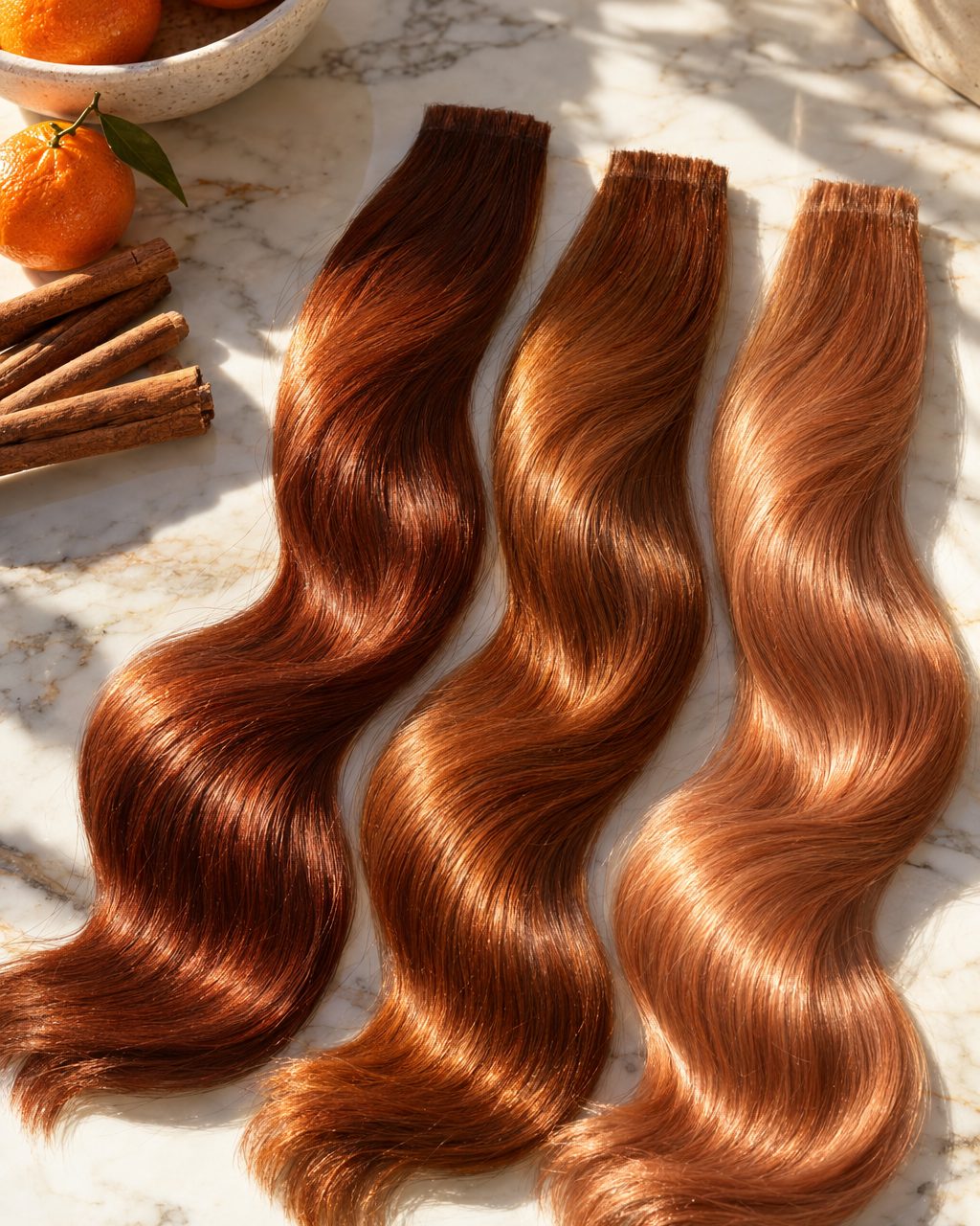 Three glossy copper hair color swatches, from deep amber to soft strawberry, on white marble beside cinnamon sticks and clementines