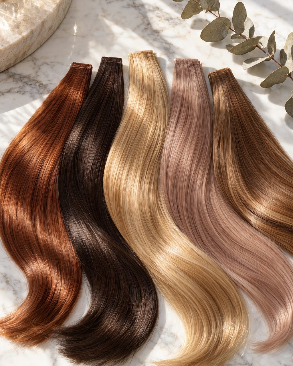 Five glossy hair color swatches fanned out on white marble: copper, espresso brunette, golden blonde, rosy beige and caramel