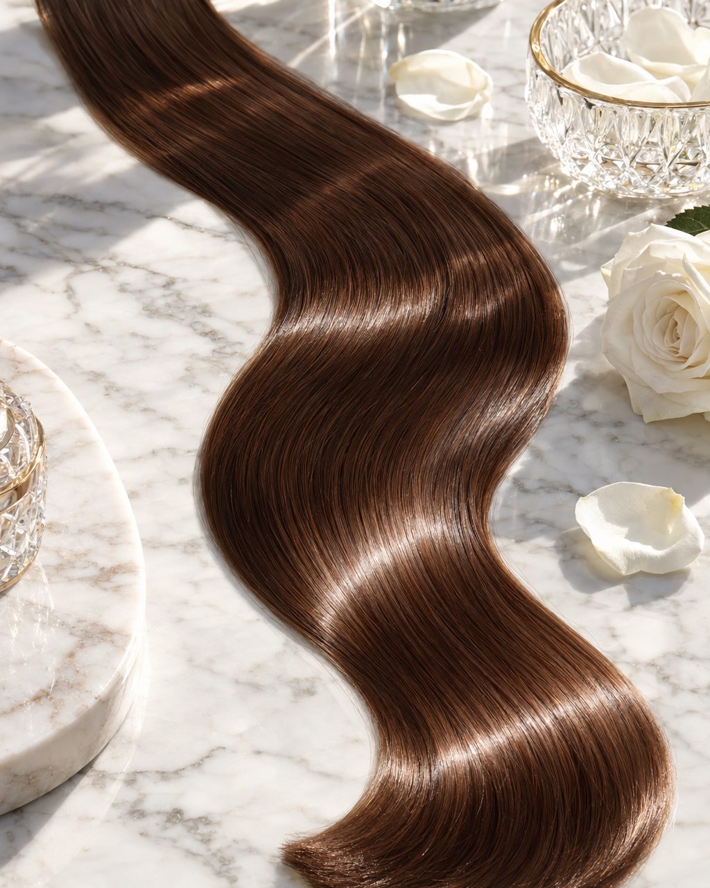 A long, mirror-glossy chestnut-brown hair color swatch on white marble catching the sunlight