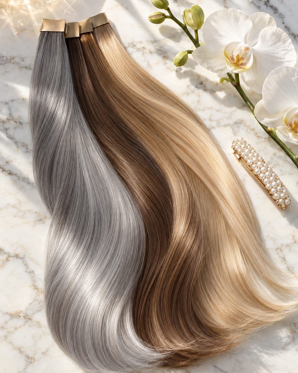 Hair color swatches on white marble showing a soft silver-gray strand blending into light brown and golden beige, beside a white orchid