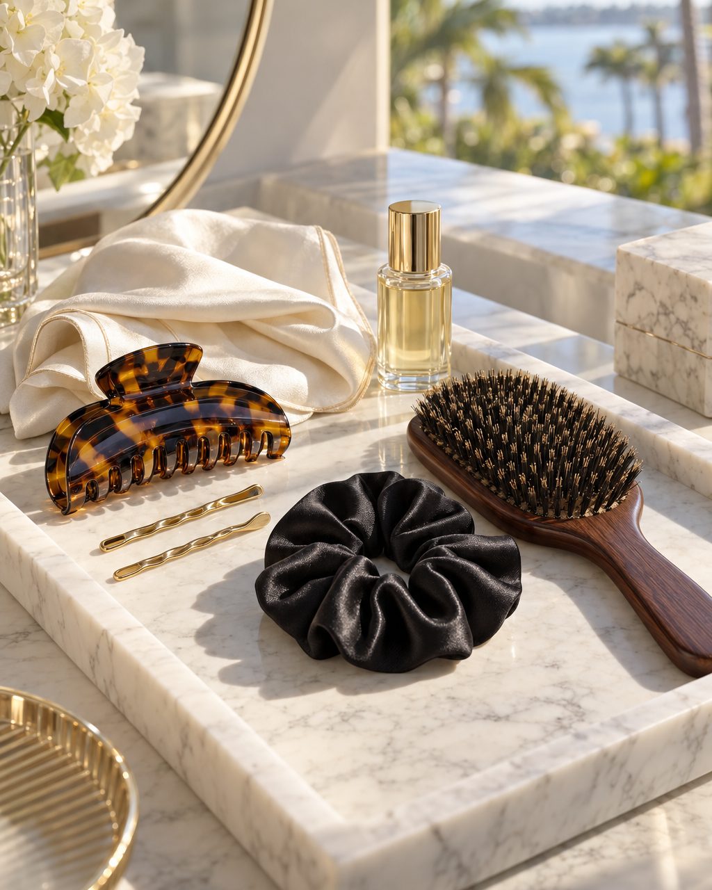 A boar-bristle brush, tortoiseshell claw clip, black satin scrunchie and a small bottle of hair oil on a marble tray by the water