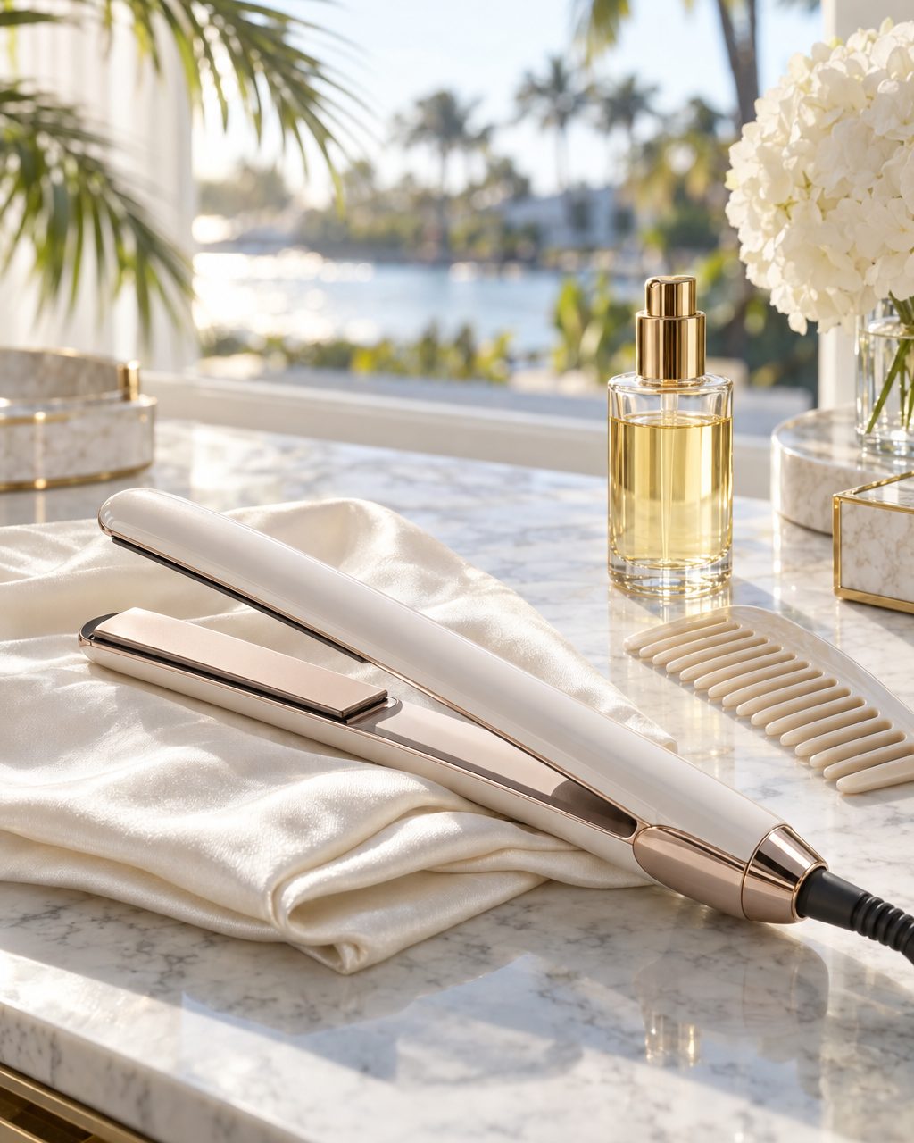 Still-life mood image of a smoothing flat iron used for keratin styling