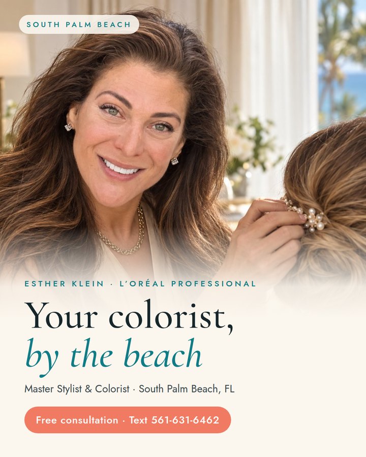 Esther Klein styling a client's hair by an ocean-view window. Your colorist, by the beach. L’Oréal Professional Master Stylist and Colorist, South Palm Beach, Florida.